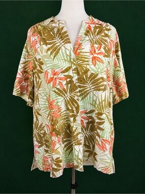 Cathy Daniels Tropical Leaf Button-Front Top in Olive, Coral & Mint